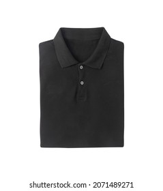 Folded Black Polo T-shirt Mockup Isolated On White Background With Clipping Path.