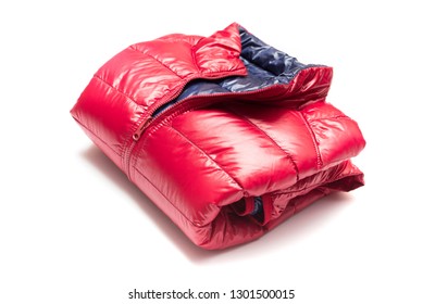 Folded Blue And Red Full Zipper Windbreaker Down Jacket, Rain Proof Down Jacket. Down Jacket Sport Shiny Nylon Full Zip Isolated On White. Folded Clothes.