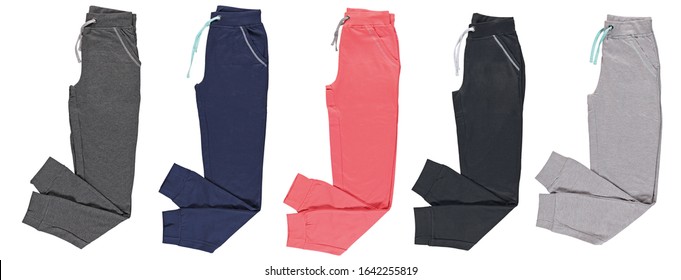 Folded Colored Jogging Pants. Set. Isolated Image On A White Background. 
