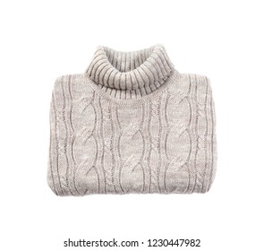 Folded Cozy Warm Sweater On White Background, Top View