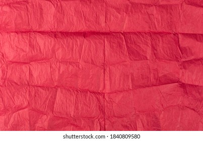 Folded Crumpled Tissue Paper Texture Background. Red Wrinkled Rolling Cigarette Paper. Thin Wrapping Paper, Creased Crimson Page