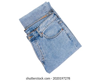 Folded Denim Pants Isolated, Blue Folded Jeans Isolated On White Background Close Up