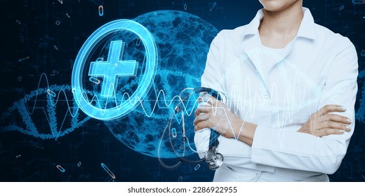 Folded female doctor hands with glowing medical hologram with globe and dna helix on blurry background. Medicine, technology and future concept - Powered by Shutterstock