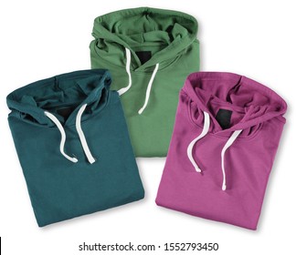 Folded hoodies. Three kinds. Isolated image on a white background.  - Shutterstock ID 1552793450