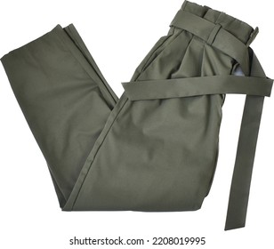 Folded Khaki Green Pants With Belt  Flat Lay Isolated On White