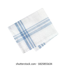 Folded Kitchen Towel Isolated On White.Domestic Cloth,napkin Of White Color With Blue Stripes.