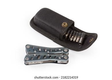 Folded Multi-tool With Metal Handles And His Open Case On A White Background
