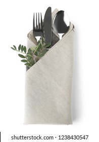 Folded Napkin With Fork, Spoon And Knife On White Background, Top View