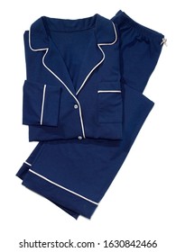 Folded Navy Blue Pajama Set On White Background