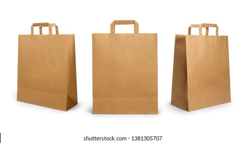 Folded paper bag with handle isolated on white background