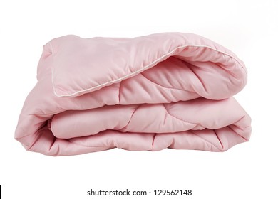 Folded Pink Blanket, Isolated On White.