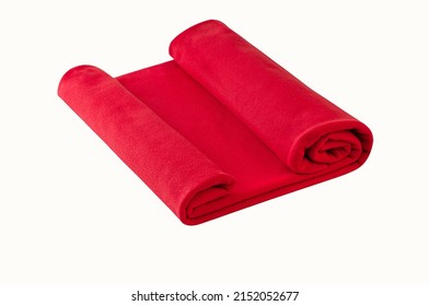 Folded Red Blanket From Fleece Material. Clipping Path.