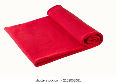 Folded Red Blanket From Fleece Material. Clipping Path.