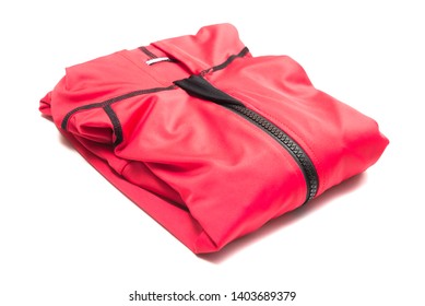 Folded Red Zipper Windbreaker Jacket, UV Sun Proof Outdoor Jacket Hoodie. Track Jacket Sport Hoodie Full Zip Isolated On White Background. Folded Clothes.