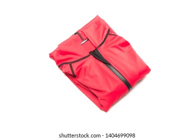 Folded Red Zipper Windbreaker Jacket, UV Sun Proof Outdoor Jacket Hoodie. Track Jacket Sport Hoodie Full Zip Isolated On White Background. Folded Clothes.