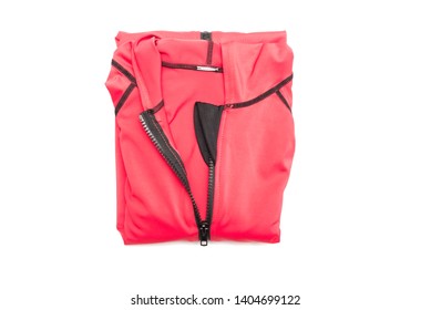 Folded Red Zipper Windbreaker Jacket, UV Sun Proof Outdoor Jacket Hoodie. Track Jacket Sport Hoodie Full Zip Isolated On White Background. Folded Clothes.