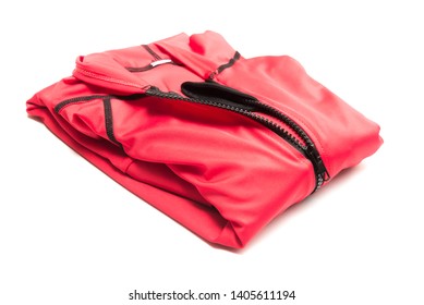 Folded Red Zipper Windbreaker Jacket, UV Sun Proof Outdoor Jacket Hoodie. Track Jacket Sport Hoodie Full Zip Isolated On White Background. Folded Clothes.