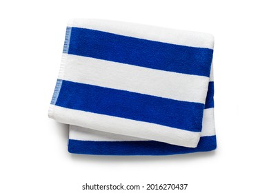 Folded Soft Terry Blue And White Towel On White Background, Top View