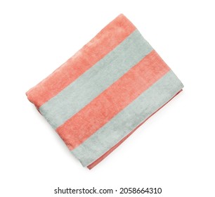 Folded Striped Beach Towel Isolated On White, Top View