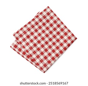 Folded tablecloth with checkered pattern isolated on white, top view