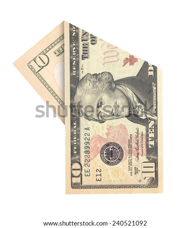 Folded ten dollars bill isolated on white background