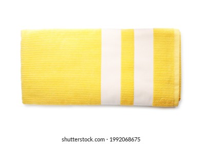 Folded yellow towel isolated on white, top view. Beach object
