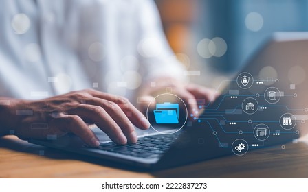 Folder document Management System DMS Open File folder with flying blank documents with computer. Data transfer backup, File Sharing, Document Transferring concept. searching and managing files.