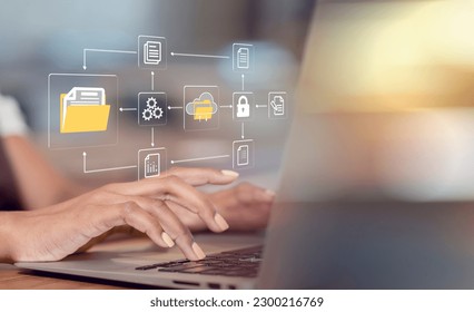 Folder document Management System DMS Open File folder with documents with computer. Data transfer backup, File Sharing, Document Transferring concept. managing files. digital file storage system.