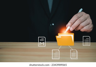 Folder document Management System DMS Open File folder with flying blank documents with computer. Data transfer backup, File Sharing, Document Transferring concept. searching and managing files. 
