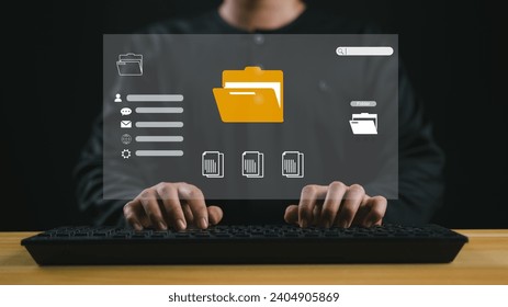 Folder document Management System DMS Open File folder with flying blank documents with computer. File Sharing, Document Transferring, Data transfer backup concept. Searching and managing files.