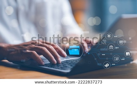 Folder document Management System DMS Open File folder with flying blank documents with computer. Data transfer backup, File Sharing, Document Transferring concept. searching and managing files.