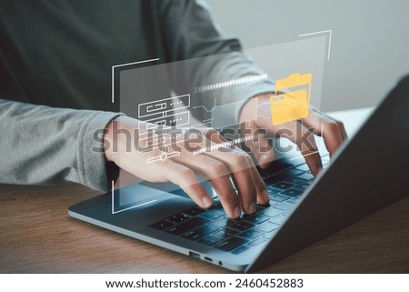 Folder document Management System DMS Open File folder with flying blank documents with computer. Data transfer backup, File Sharing, Document Transferring concept. searching and managing files.