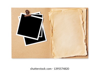 Folder with empty old yellowed paper sheets and mock up for vintage photo isolated on white background