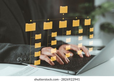 Folder hierarchy structure and document management system DMS. Businesswoman using laptop computer for saving and classifying files.