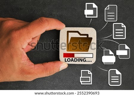 Folder icons and files are being moved to the folder. DMS concept. data collection concept. concept of optical character recognition software, pile of paper documents being turned into digital data