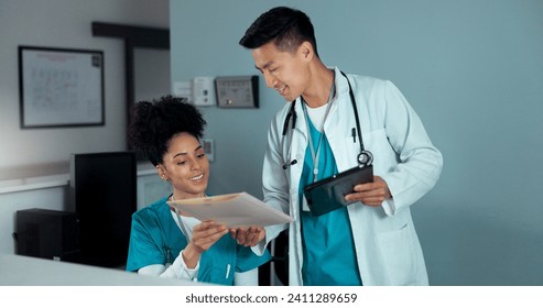 Folder, tablet and receptionist people, doctor or administration consulting on report, database or medicine study. Medical team, collaboration chat or clinic secretary talking about results documents - Powered by Shutterstock