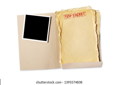 Folder with top secret old yellowed paper sheets and mock up for vintage photo isolated on white background