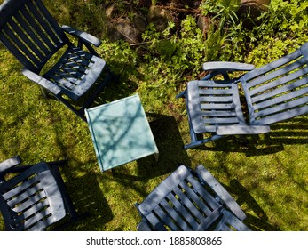 Folding Garden Chairs And Wooden Table, Overhead Outdoor View