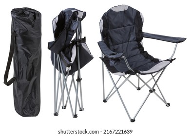 Folding Gray Camping Chair In Three States, In A Cover, Half Folded And In The Unfolded Position, On A White Background, Isolate