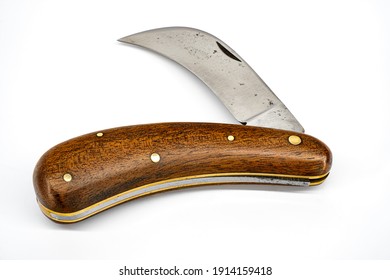 Folding Pruning Knife With Curved Long Blade On White Background