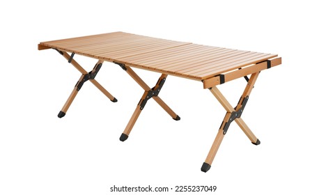 Folding wooden table for camping on white background.