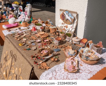 Folk art, handmade crafts and handicrafts on display at the fair, Souvenirs for sale on street market