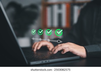 Follow checklist of process steps and improve QA quality assurance. Standardization certification. Online survey questionnaire with progress bar for compliance with regulations and service standards.
