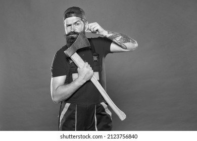 follow his style. Bring more style for bearded face. man worker hold axe. cut his beard. lumberjack carry ax. employee with axe. mature man ready for hiking. Cutting or wood chopper with sharp blade