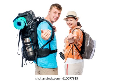 Follow Us! A Couple Of Tourists Are Invited To Go Camping With Them, On A White Background