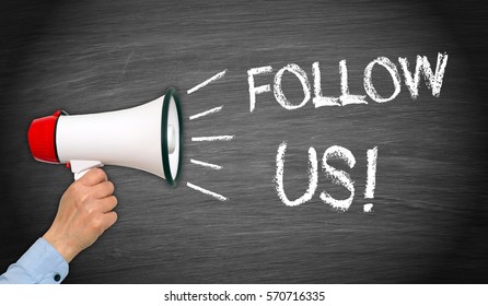 Follow us Megaphone with hand and text - Powered by Shutterstock