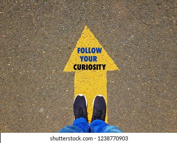 Follow your curiosity on yellow arrow, section of a man standing on yellow arrow on asphalt ground