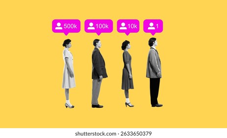 Followers Factory. People in line receive follower counts above heads like value stamps. Commentary on metrics obsession. Concept of social media addiction, influence, technology. Surreal artwork - Powered by Shutterstock - Get 15% off with code: PIKWIZARD15