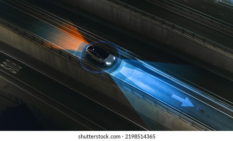 Following Aerial Top Down Drone View: Autonomous Self Driving Car Moving Through City Highway. AI Visualization Concept: High Tech Sensor Scanning Road Ahead for Vehicles, Danger, Speed Limits. - Shutterstock ID 2198514365
