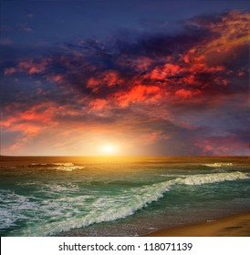 Folly Beach Ocean Sunset Landscape Seascape Scene In The Indian Ocean